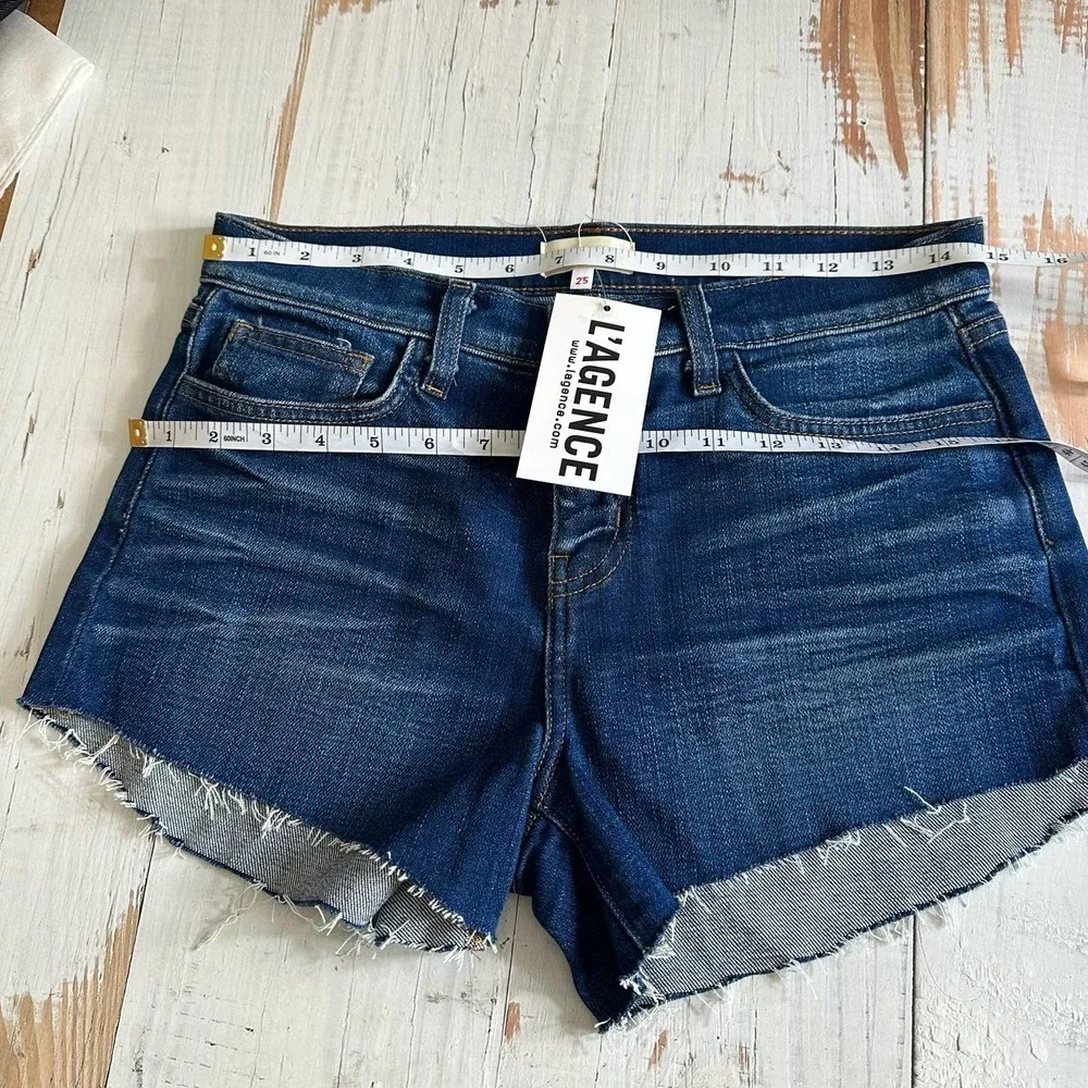 L’AGENCE Audrey Mid Rise Blue Denim Raw Hem Fray Short Size 25